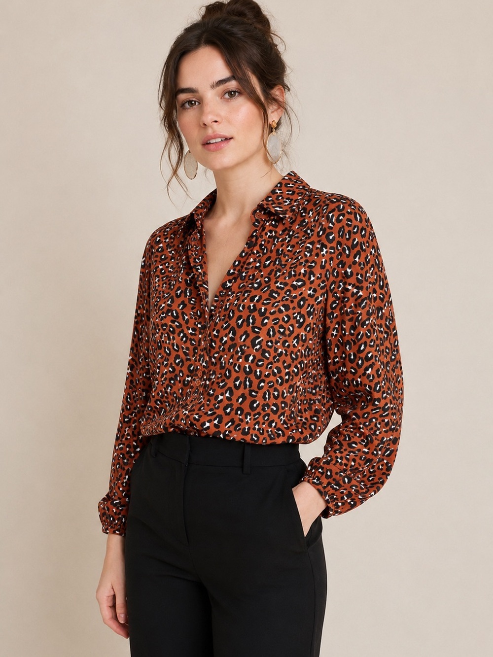 Anthropologie Porridge Top Leopard Print Button-Down Blouse Women MSRP $76